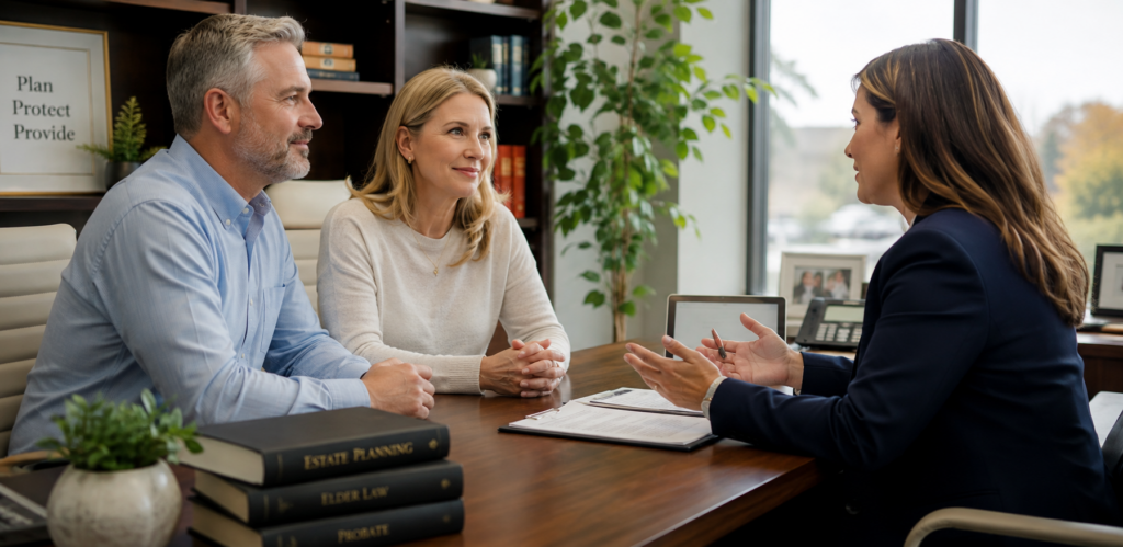 Two clients, a man and a woman, sit with their attorney at a wooden conference table, reviewing documents.
