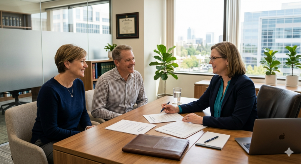 Three professionals in a bright office sign documents at a wooden table, with a laptop and city view outside.